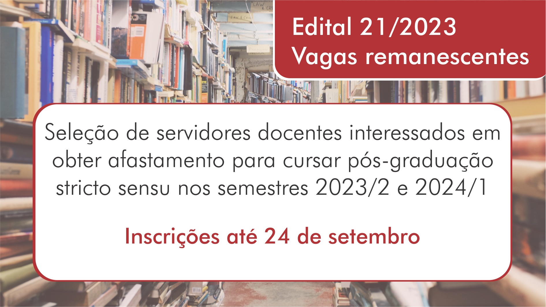  São disponibilizadas nove vagas para professores efetivos lotados e em exercício no Câmpus Goiânia que estejam matriculados em cursos de mestrado e doutorado no período para o qual pleiteiam a vaga, bem como aos docentes com carta de aceite para realização de estágio pós-doutoral.